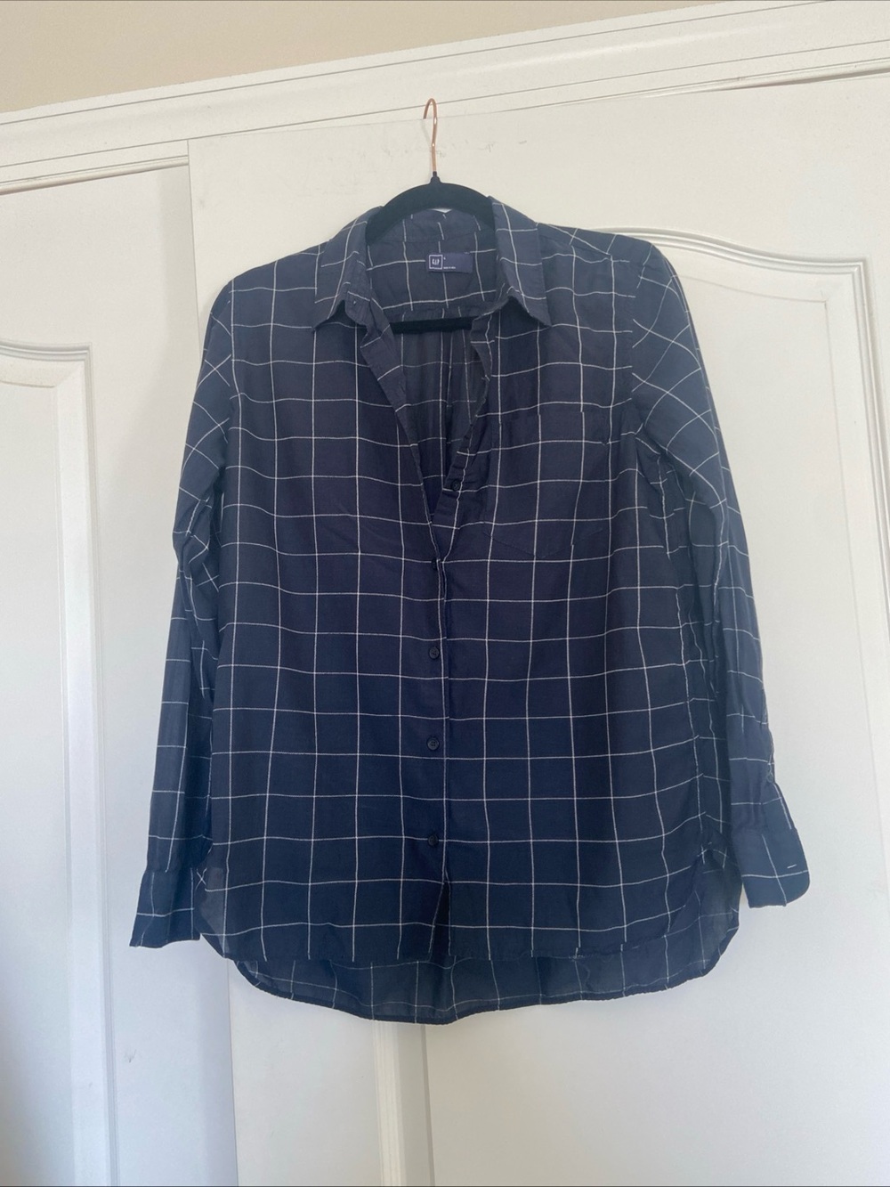 GAP Navy Button-Down Shirt with White Windowpane Grid
